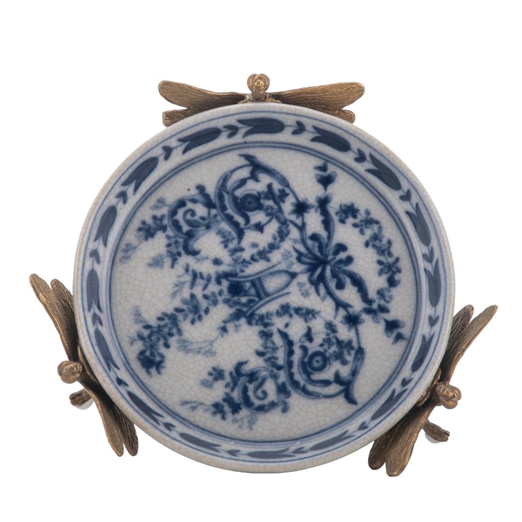 Handmade Blue and White French Fleur Dish with Bronze