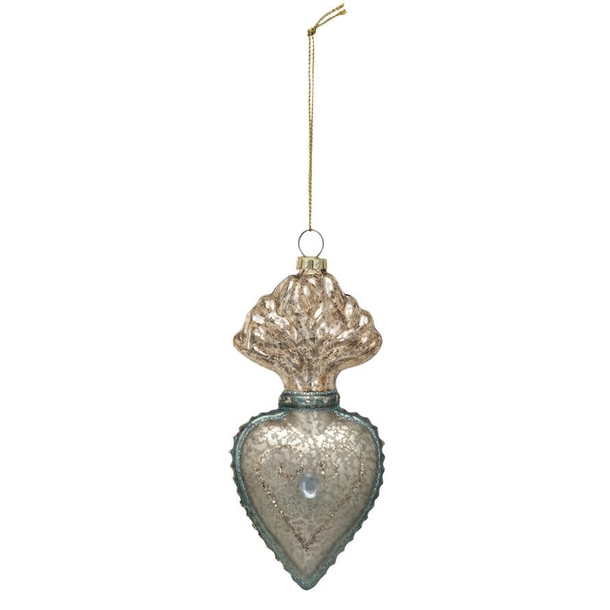 Mercury Glass Sacred Heart Ornament w/ Glitter & Jewel, Silver Finish, Aqua