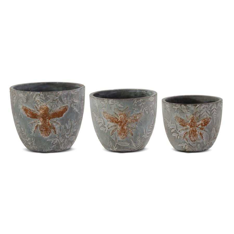 Weathered Gray Cement Pots with Bee