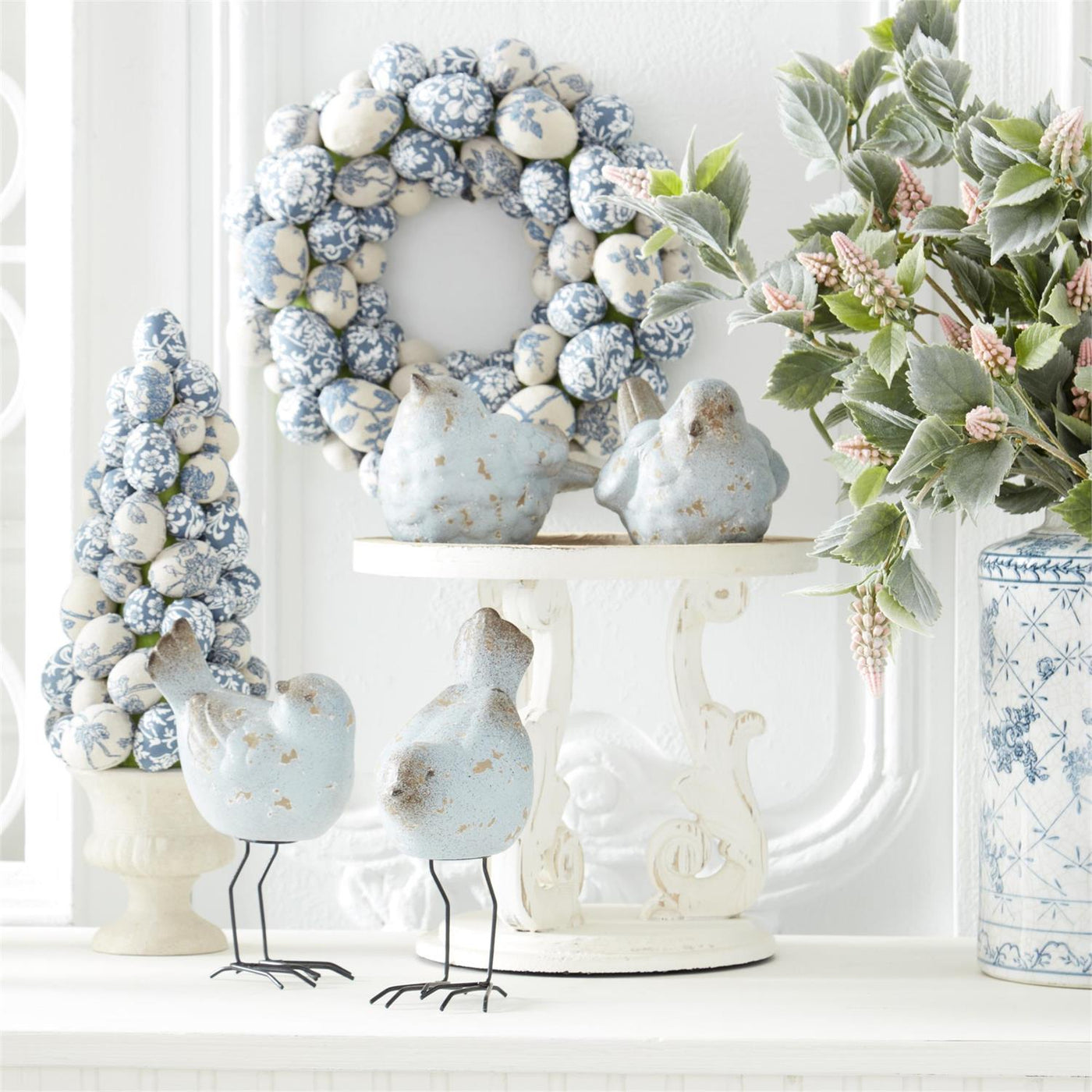 Blue and White Floral Egg Wreath