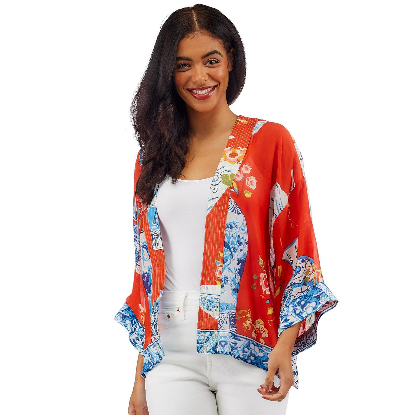 Blue Vase Print Red Short Kimono