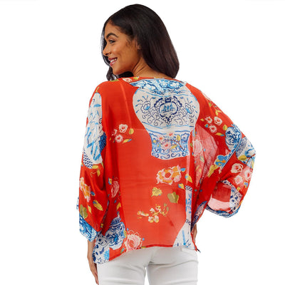 Blue Vase Print Red Short Kimono