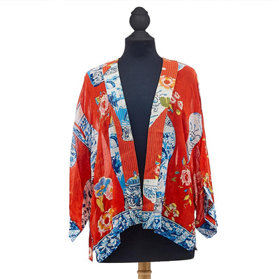 Blue Vase Print Red Short Kimono