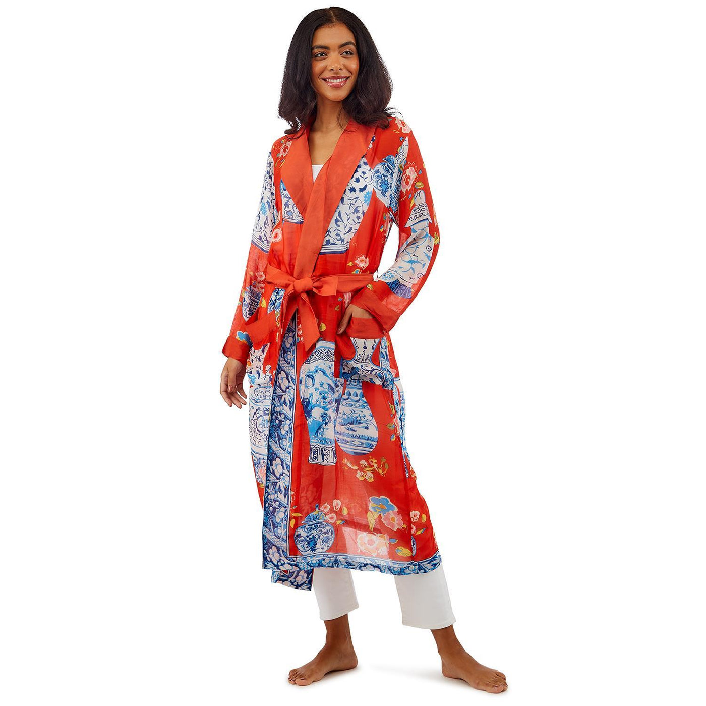 Blue Chinoiserie & Red Gown Kimono