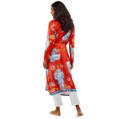 Blue Chinoiserie & Red Gown Kimono