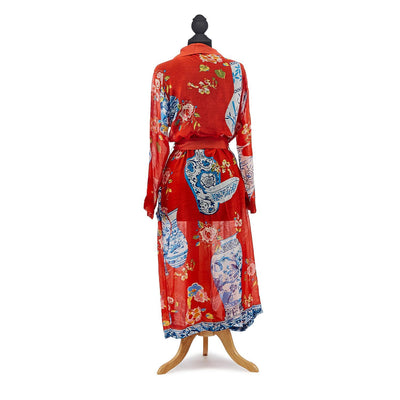 Blue Chinoiserie & Red Gown Kimono