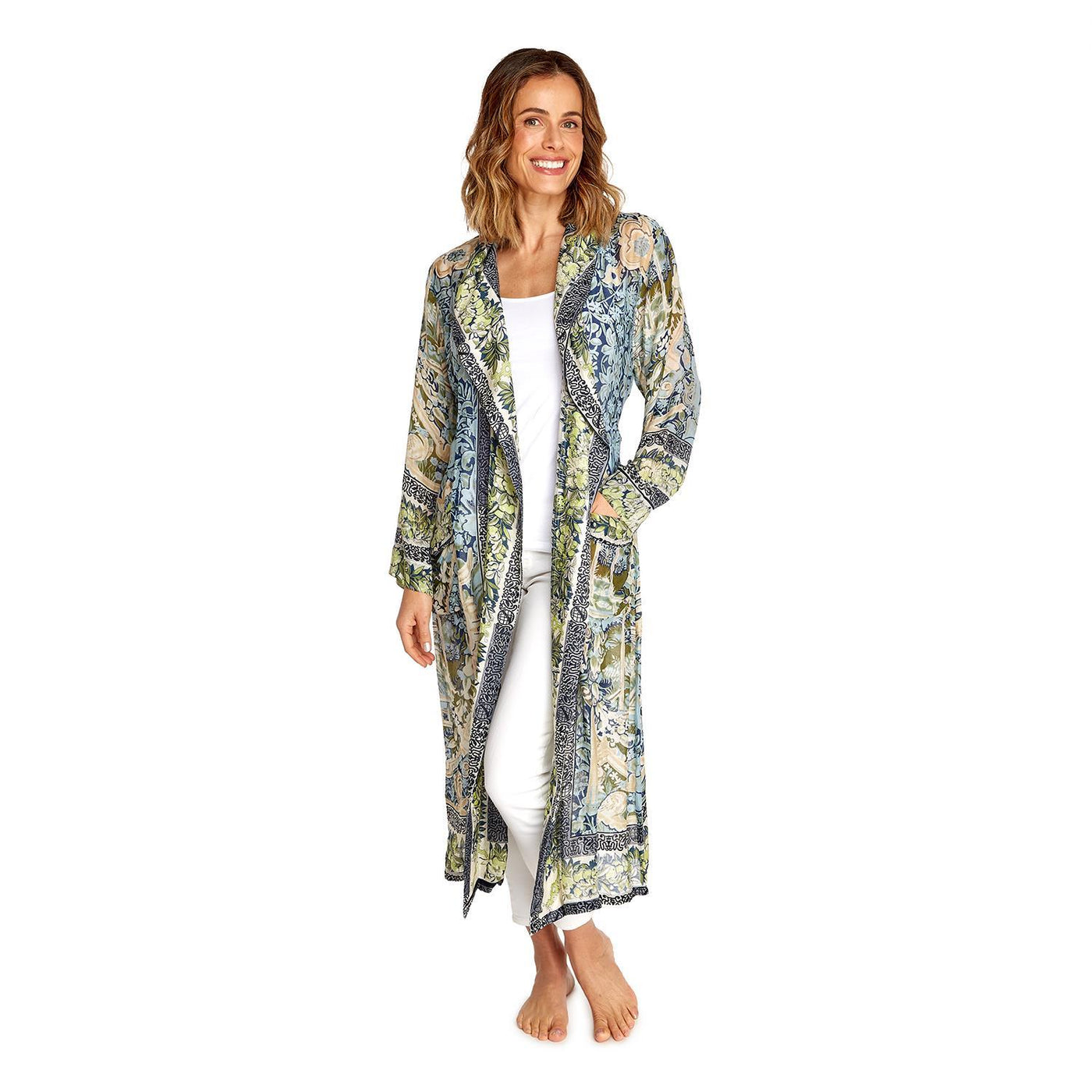 Tapestry Sea Print Robe Gown with Removable Waist Tie Closure -Viscose/Modal - Designed by One Hundred Stars