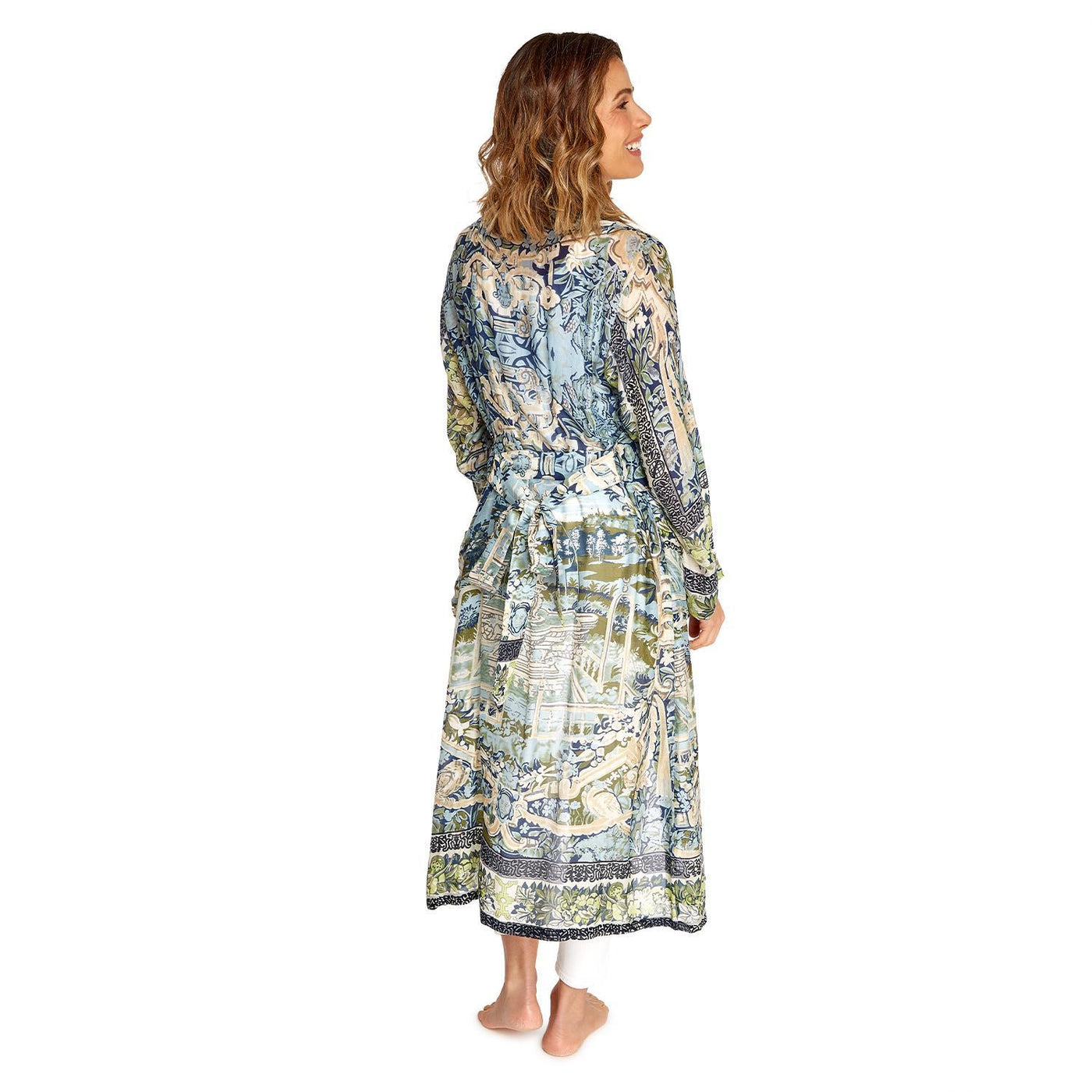 Tapestry Sea Print Robe Gown with Removable Waist Tie Closure -Viscose/Modal - Designed by One Hundred Stars