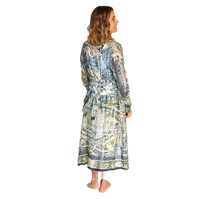 Tapestry Sea Print Robe Gown with Removable Waist Tie Closure -Viscose/Modal - Designed by One Hundred Stars