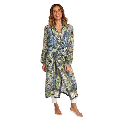 Tapestry Sea Print Robe Gown with Removable Waist Tie Closure -Viscose/Modal - Designed by One Hundred Stars