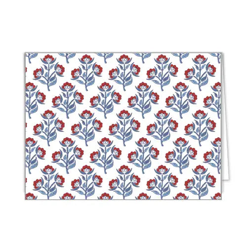 Red Floral Block Print Folded Notecards