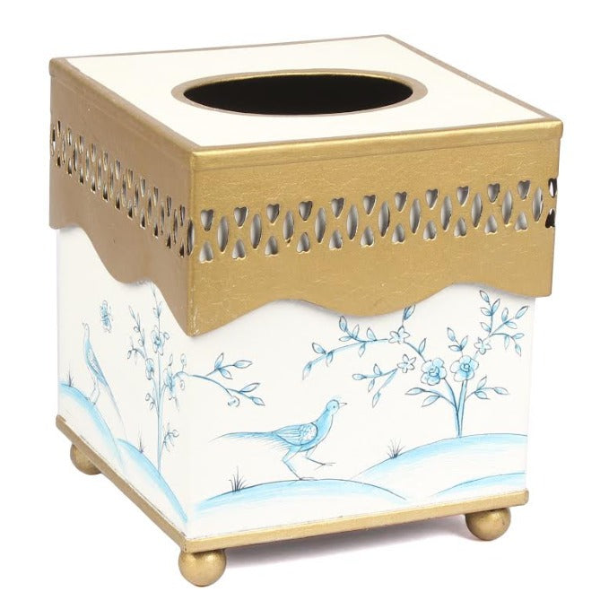 Ivory and Blue Chinoiserie Metal Pierced Tissue Holder