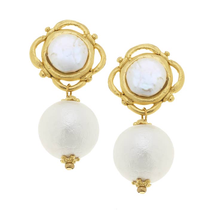 Gold with Cotton Pearl Earrings