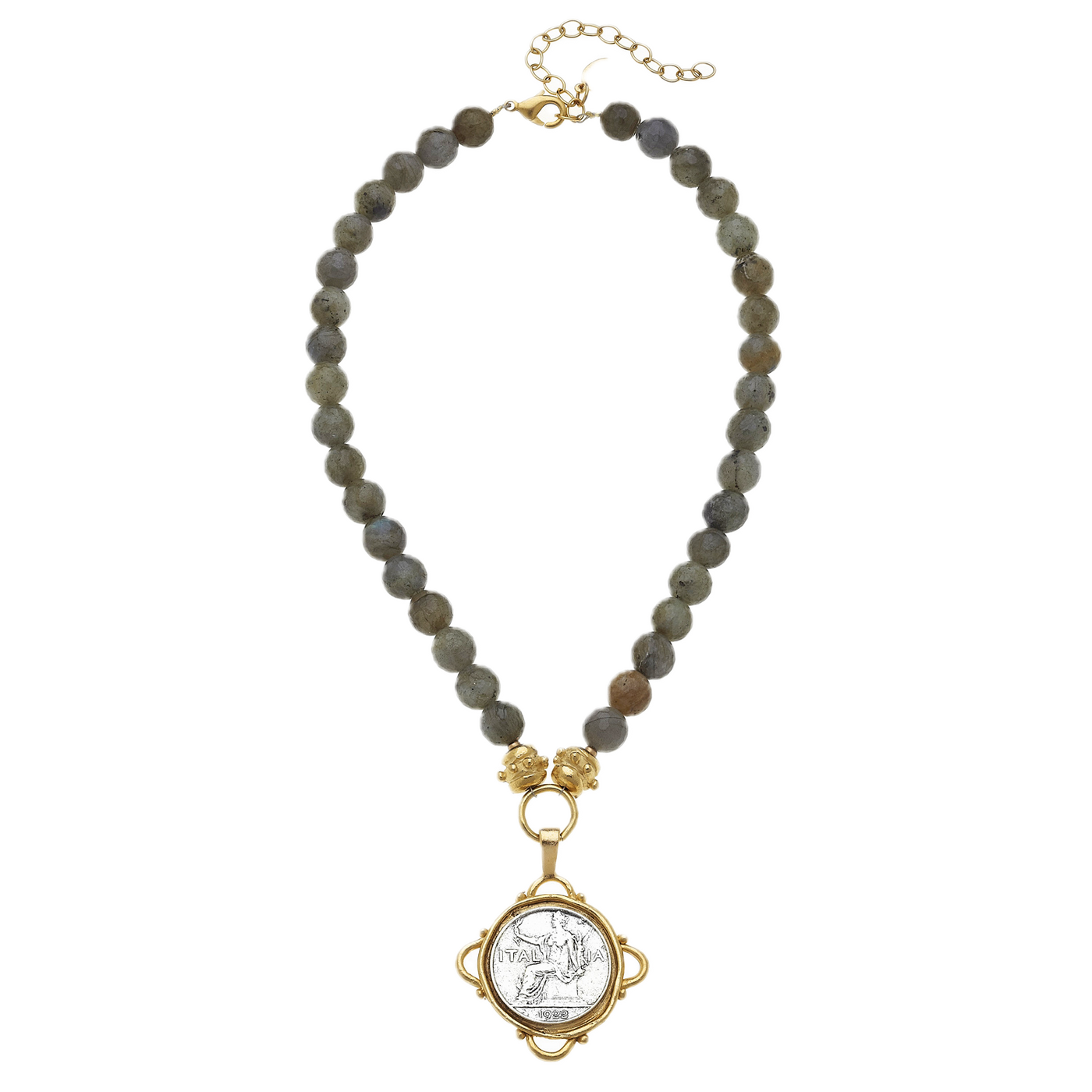 Handcast Gold & Silver Italian Coin on Labradorite Necklace