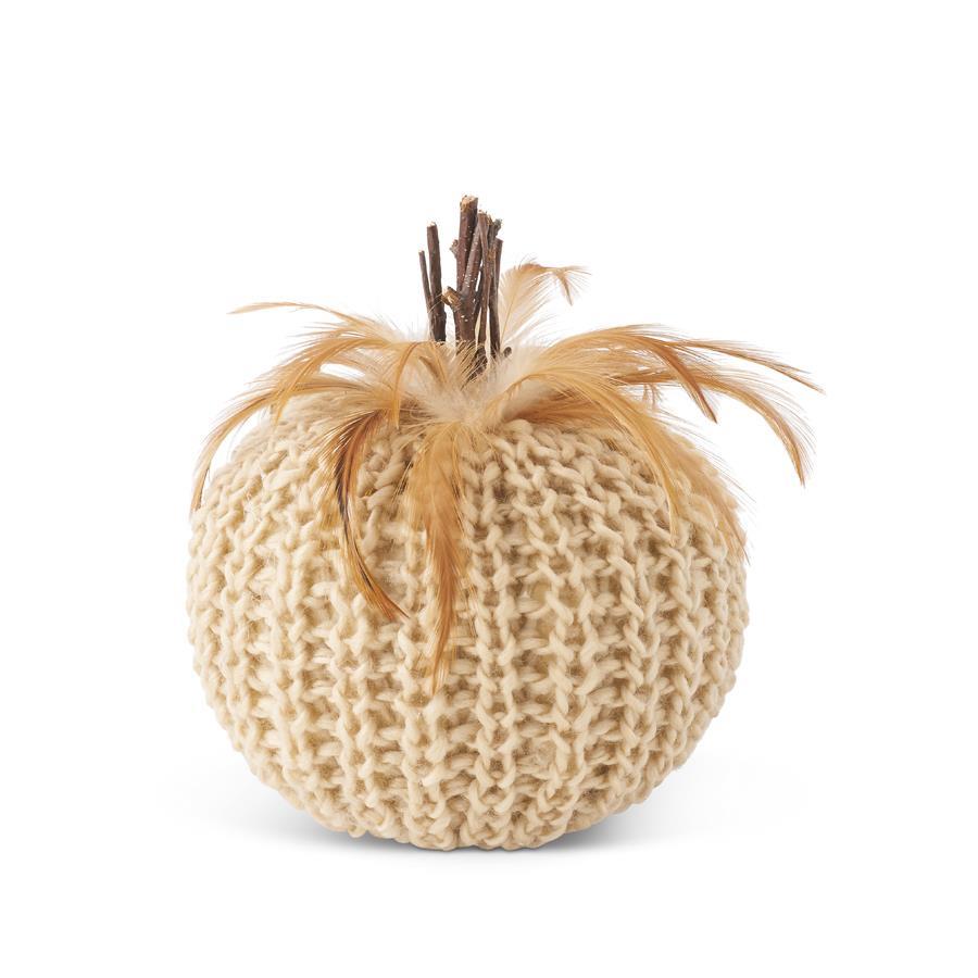 Cream Crochet Pumpkin with Feathers, 7"