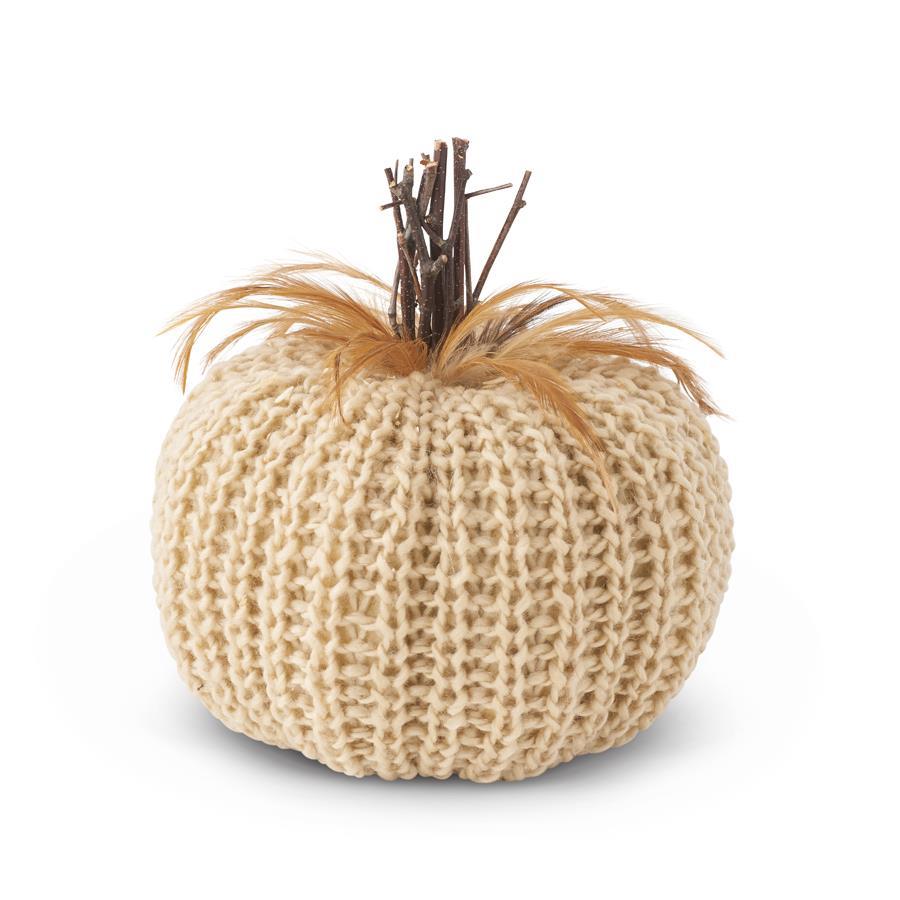 Cream Crochet Pumpkin with Feathers, 8"