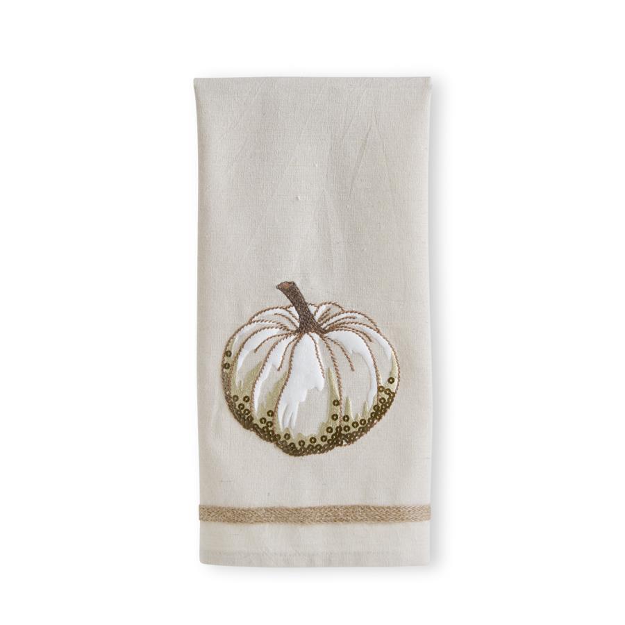 Embroidered Pumpkin Tea Towel - Cream