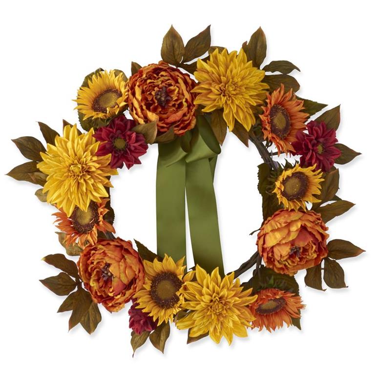 25" Fall Peony Dahlia & Sunflower Wreath w/Green Ribbon