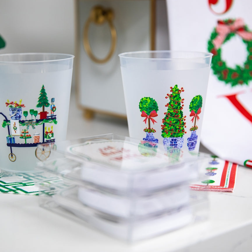 16 oz Shatterproof Cups | Set of 8 | Christmas Topiaries