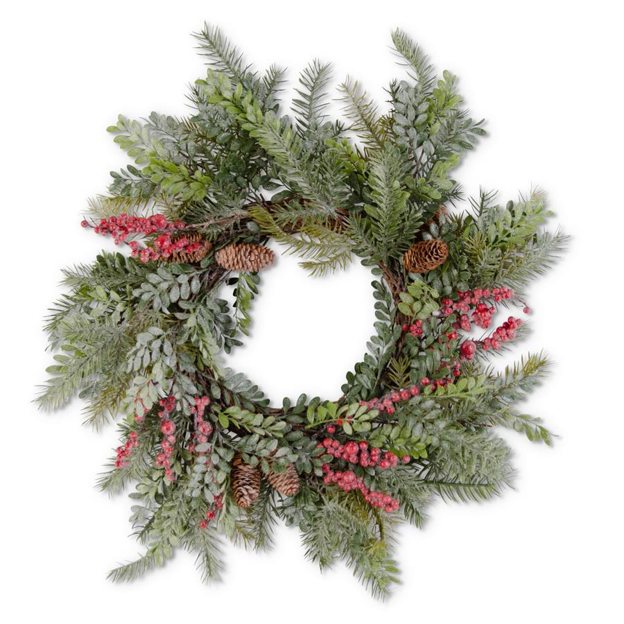 24" Glittered Boxwood and Berry Pinecone and Fir Wreath