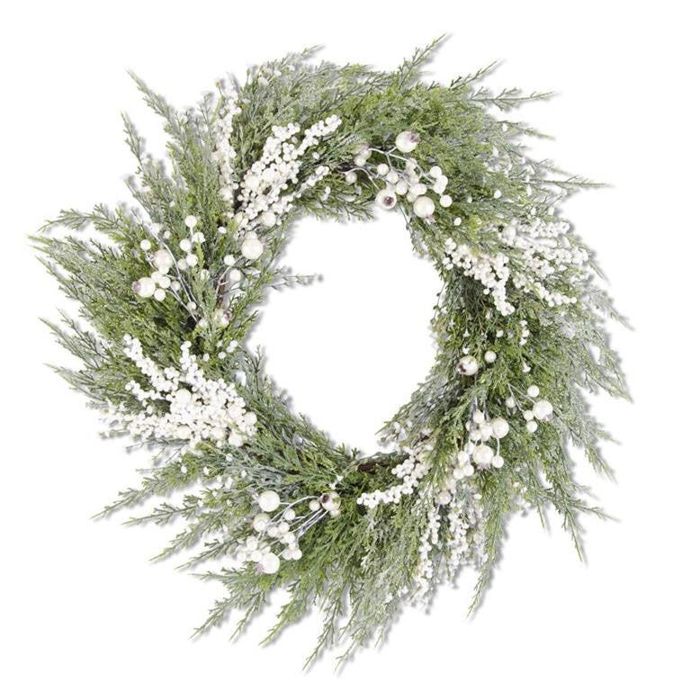 28" Snowy cypress Pine Wreath with Pearls