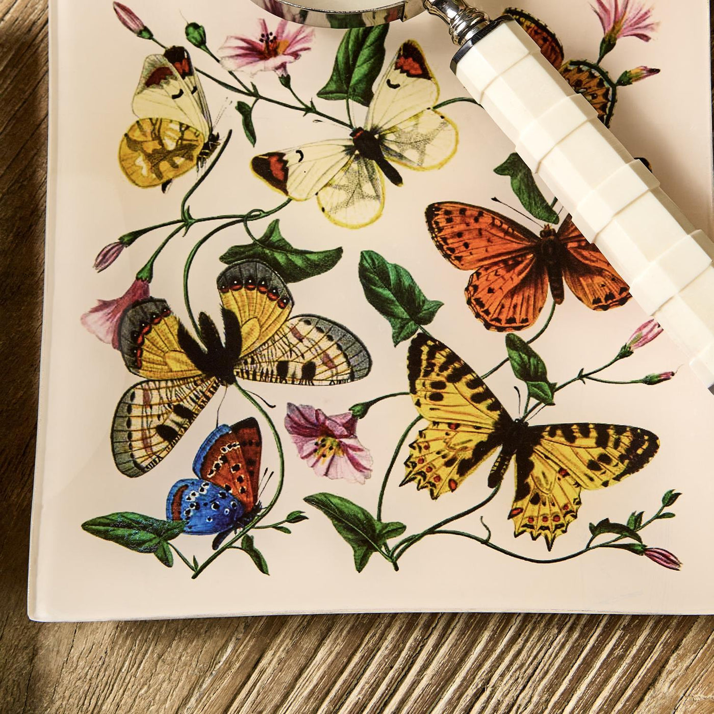 Butterfly and Botanical Glass Trinket Tray with Gold Foil Backing