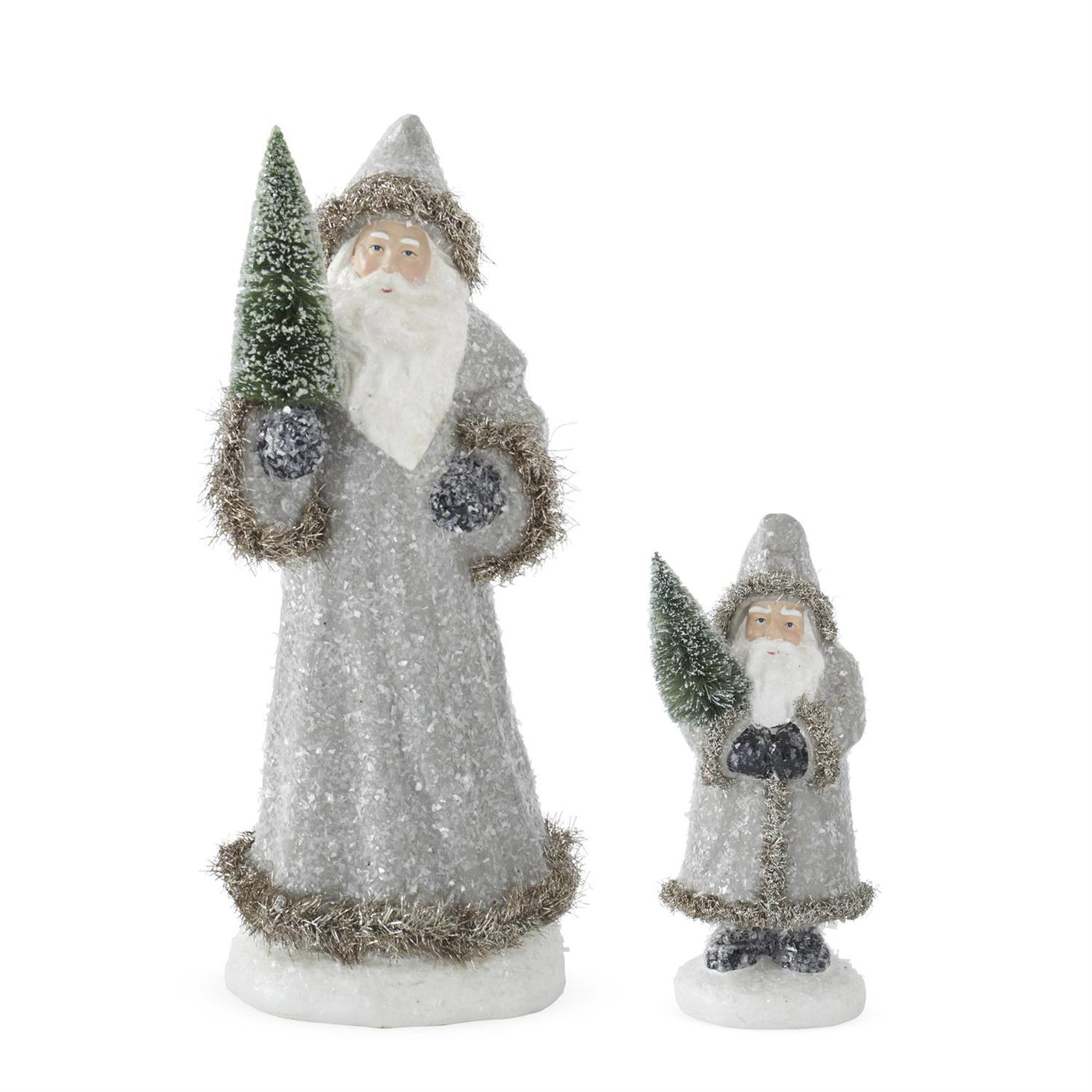 Snowy Gray Coat Santa Holding Bottle Brush Tree