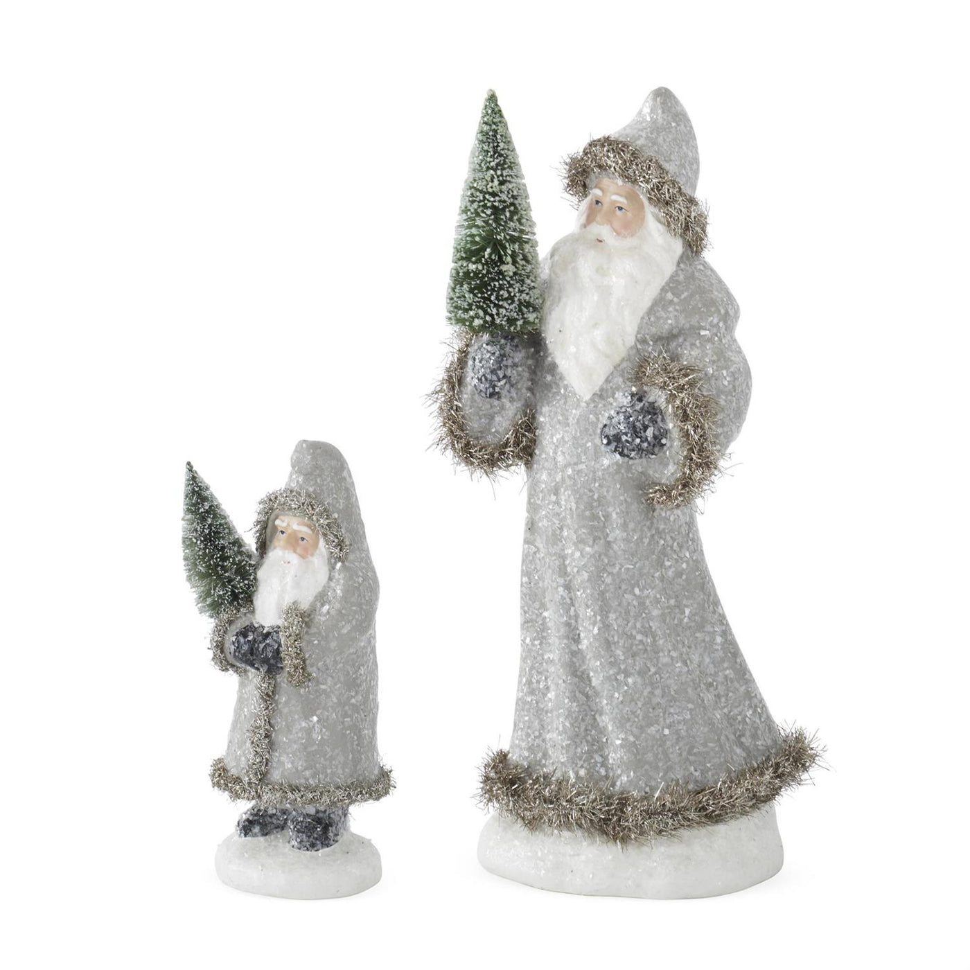 Snowy Gray Coat Santa Holding Bottle Brush Tree