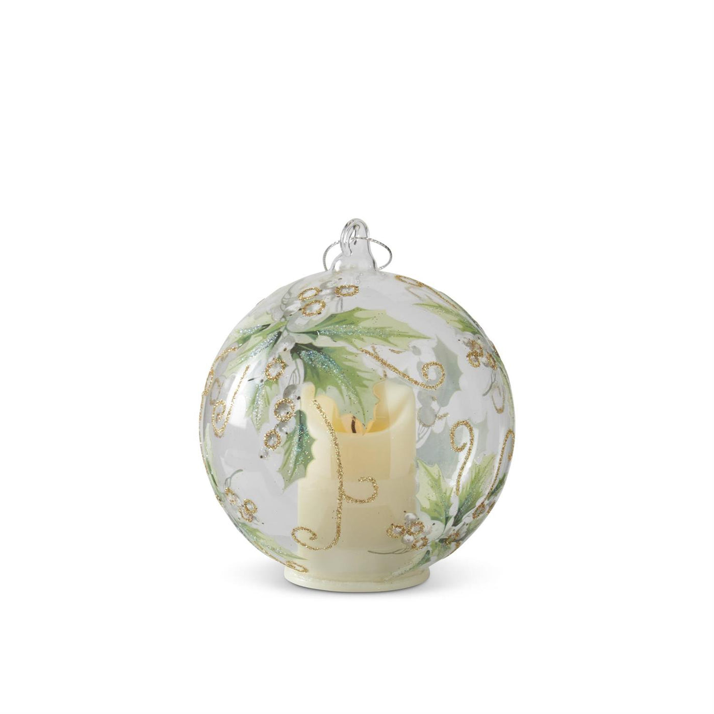 4 Inch LED Holly & White Berries Clear Glass Ornament