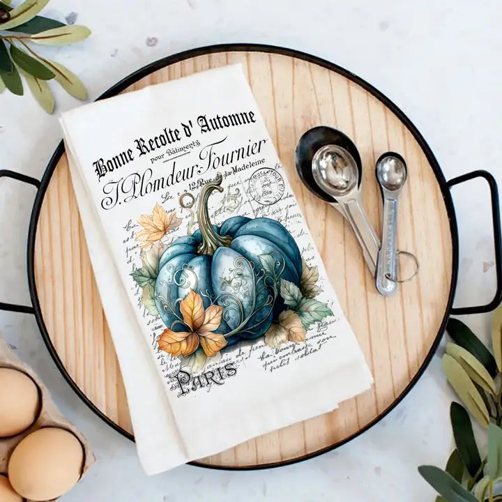 Leaves & French Blue Pumpkin Flour Sack Tea Towel