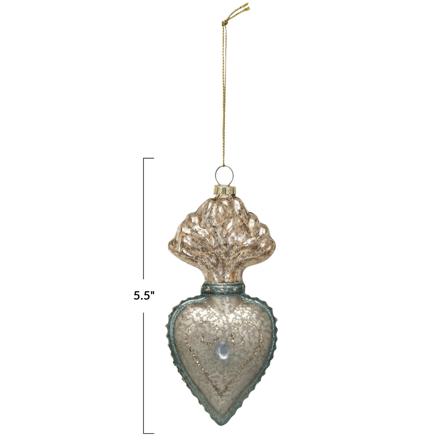 Mercury Glass Sacred Heart Ornament w/ Glitter & Jewel, Silver Finish, Aqua