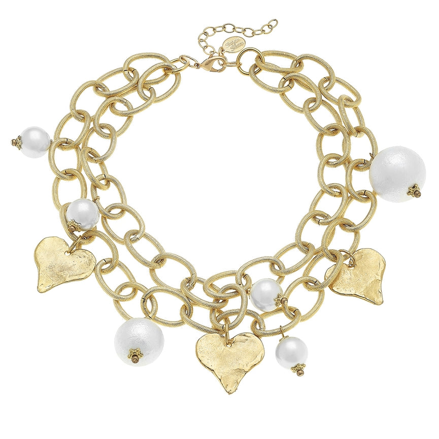 Gold Heart and Genuine Cotton Pearl Necklace