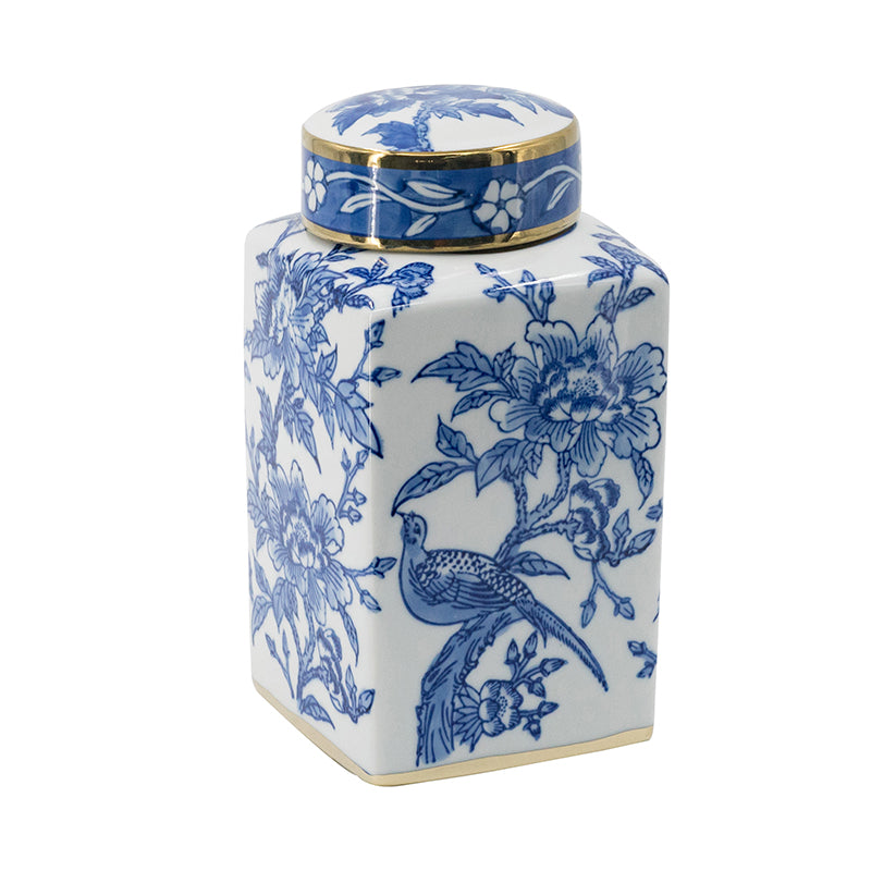 Blue and White Lidded Jar with Bird