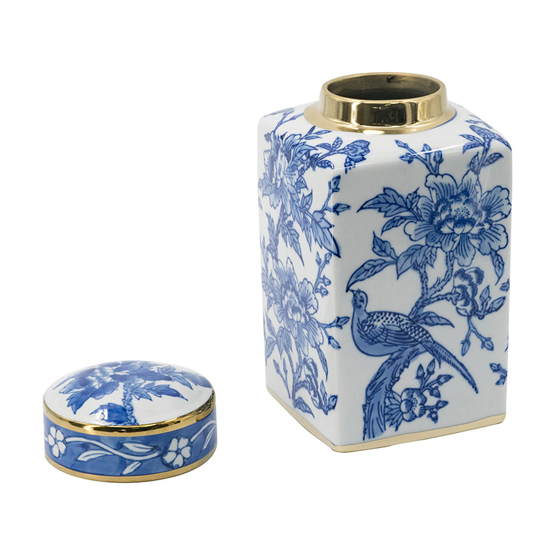 Blue and White Lidded Jar with Bird