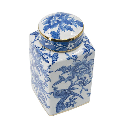 Blue and White Lidded Jar with Bird