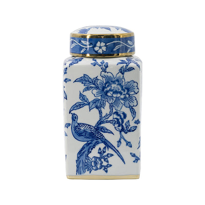 Blue and White Lidded Jar with Bird