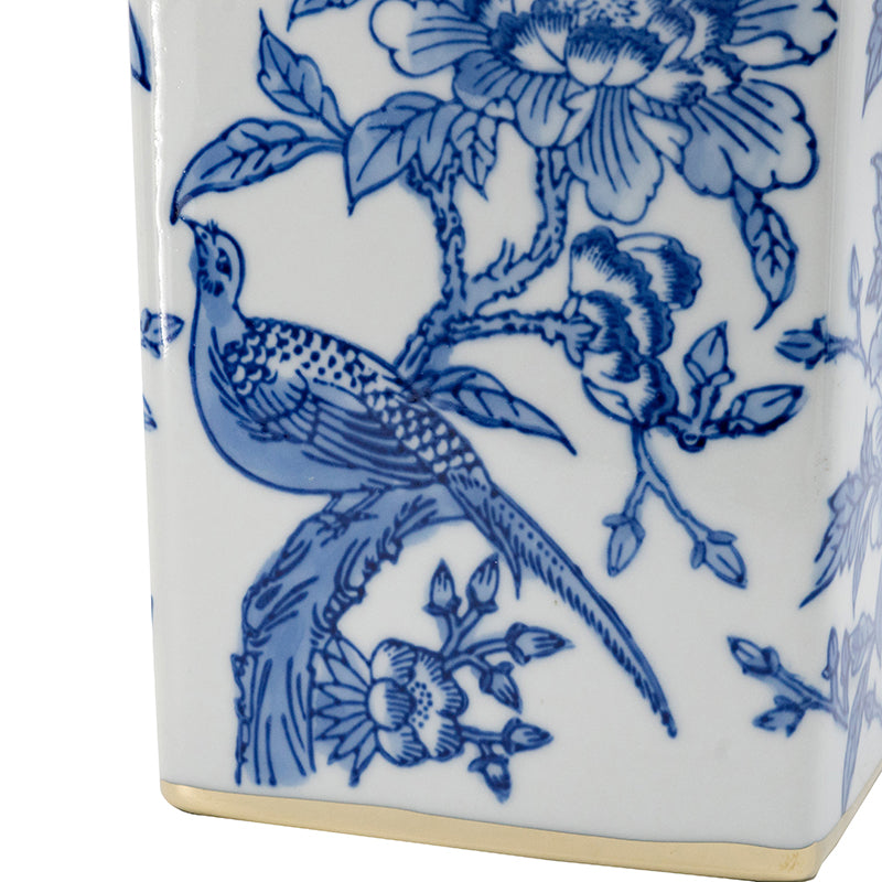 Blue and White Lidded Jar with Bird