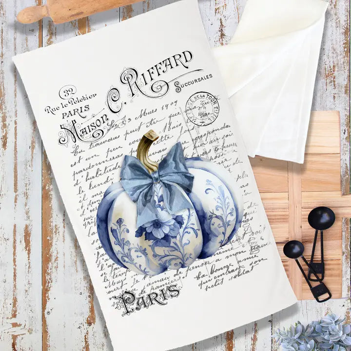 French Blue Bow Chinoiserie Pumpkin Terry Towel