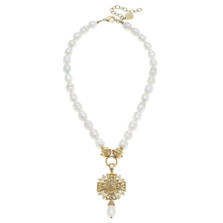 Gold Filigree Maltese Cross On Genuine Freshwater Pearl Necklace