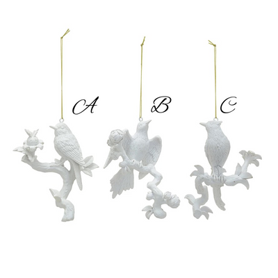 Bird On Branch Ornament, White, 3 Styles