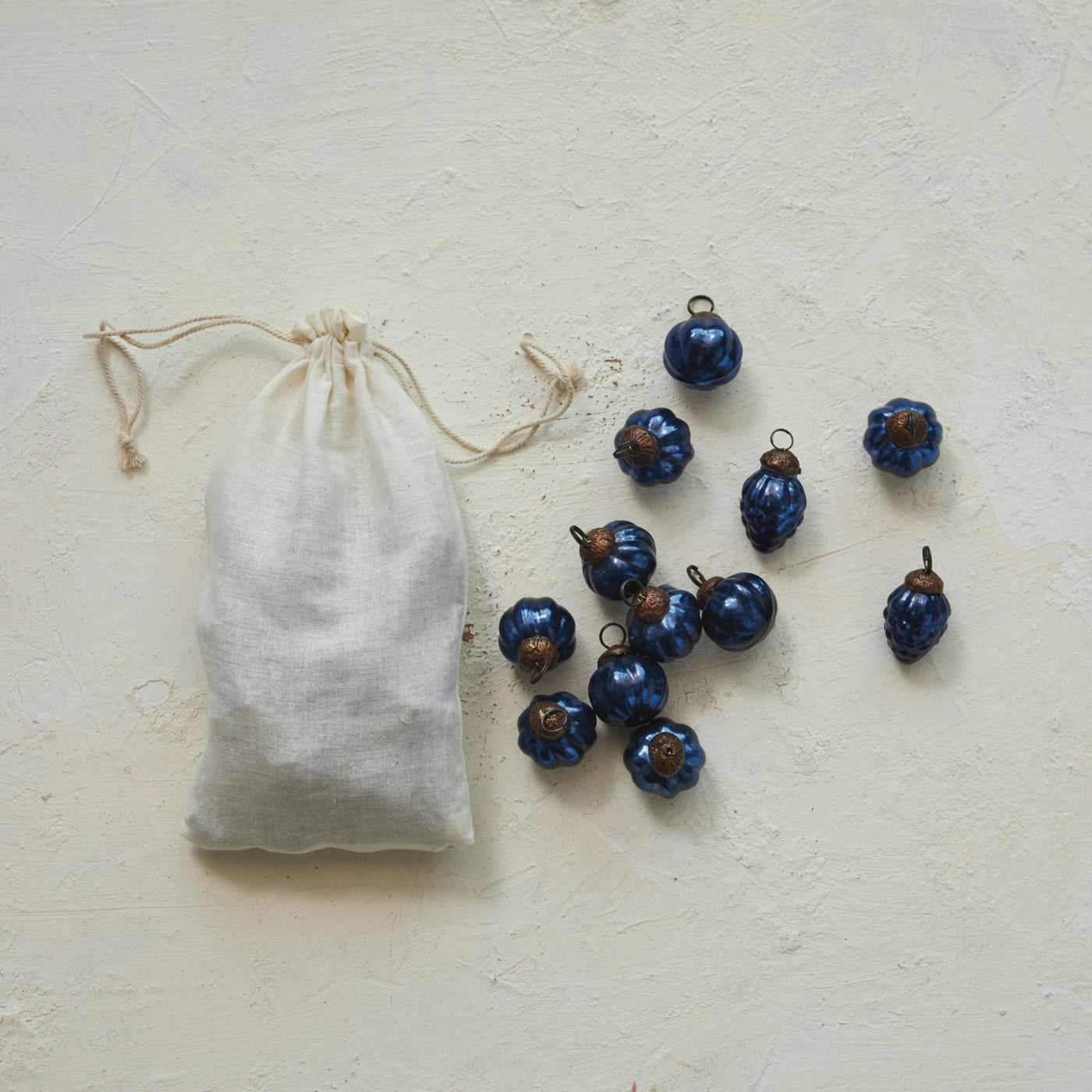 Blue Mercury Glass Ornaments in Muslin Bag, Set of 36