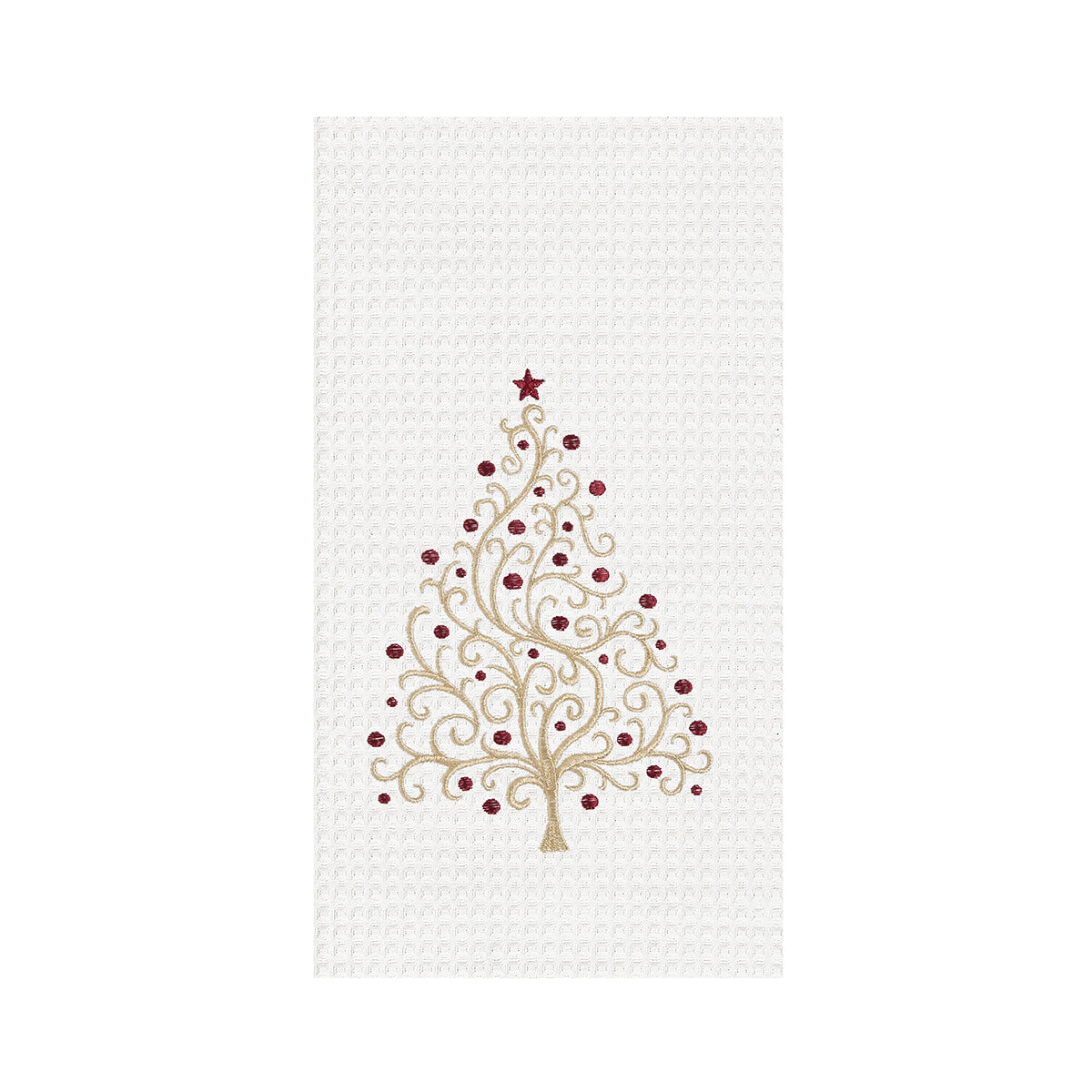 Gold and Red Tree Embroidered Waffle Weave Kitchen Towel