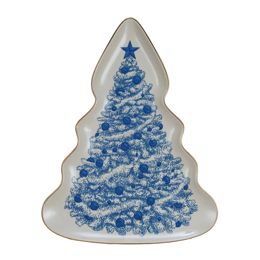 Stoneware Christmas Tree Serving Plate w/ Gold Rim