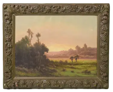 Antique Framed Oil Painting on Canvas - Landscape of Flowers in Field