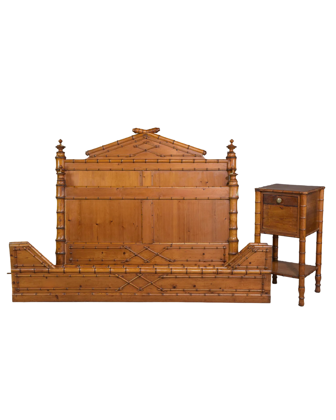 Antique French Faux Bamboo Bed with Rails & Nightstand