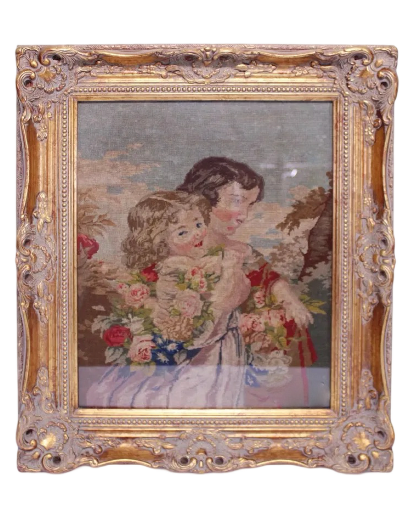 Antique French Framed Needlepoint of Boy and Girl