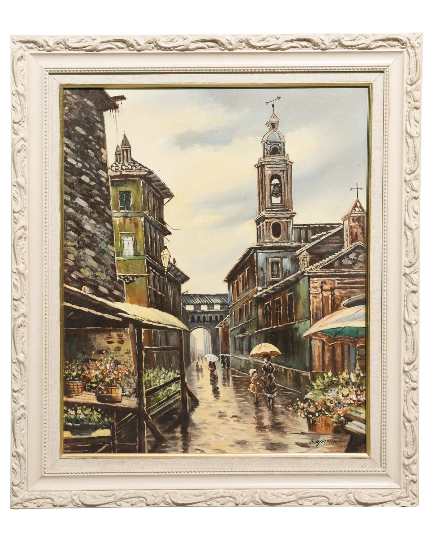 Painted Framed European Street Scene on Canvas