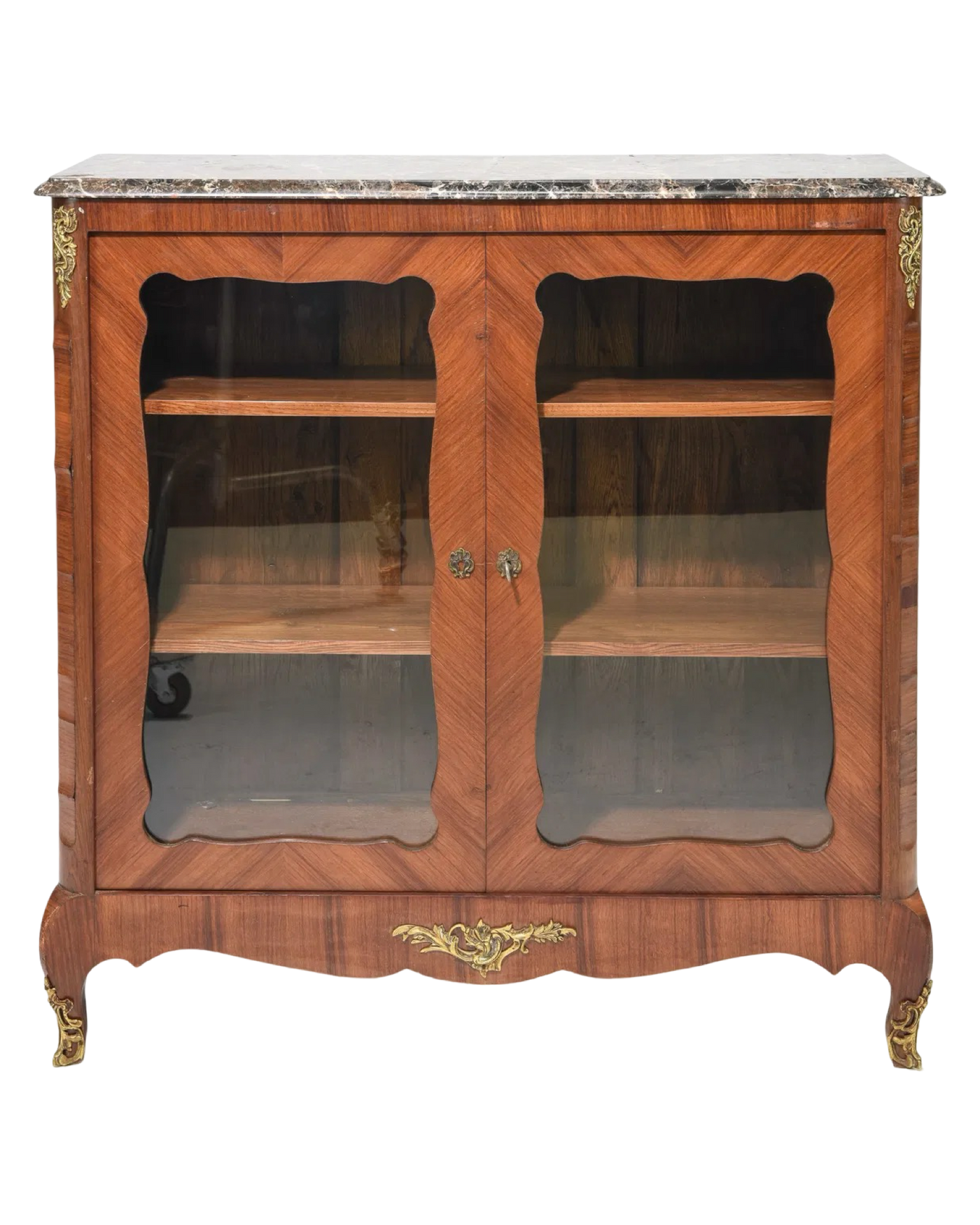 Antique French Marble Top Mahogany Bookcase