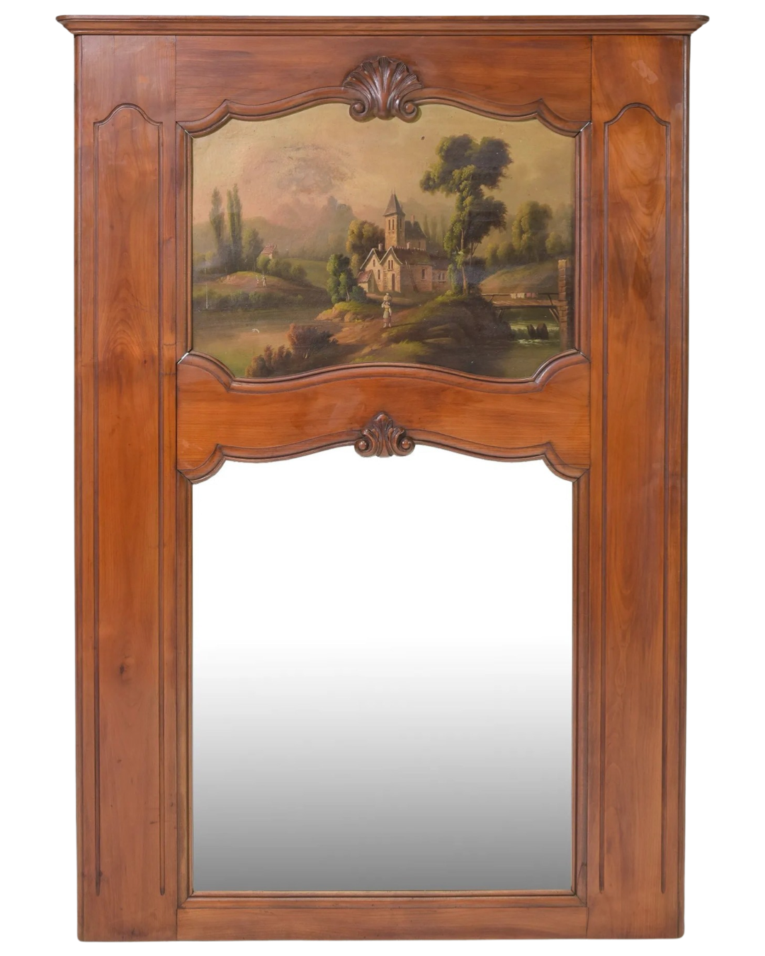 Antique 19th Century French Walnut Trumeau Mirror with Pastoral Scene