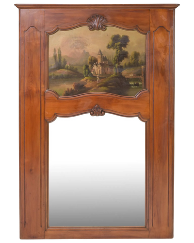 Antique 19th Century French Walnut Trumeau Mirror with Pastoral Scene